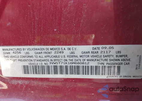 2006 Volkswagen Jetta Tdi из США, поврежденный, VIN 3VWST71K16M680812